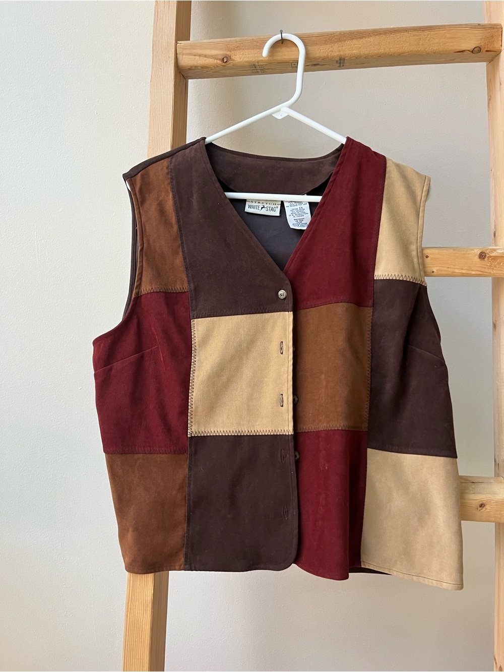 White Stag Patchwork Suede Vest in Burgundy & Brown